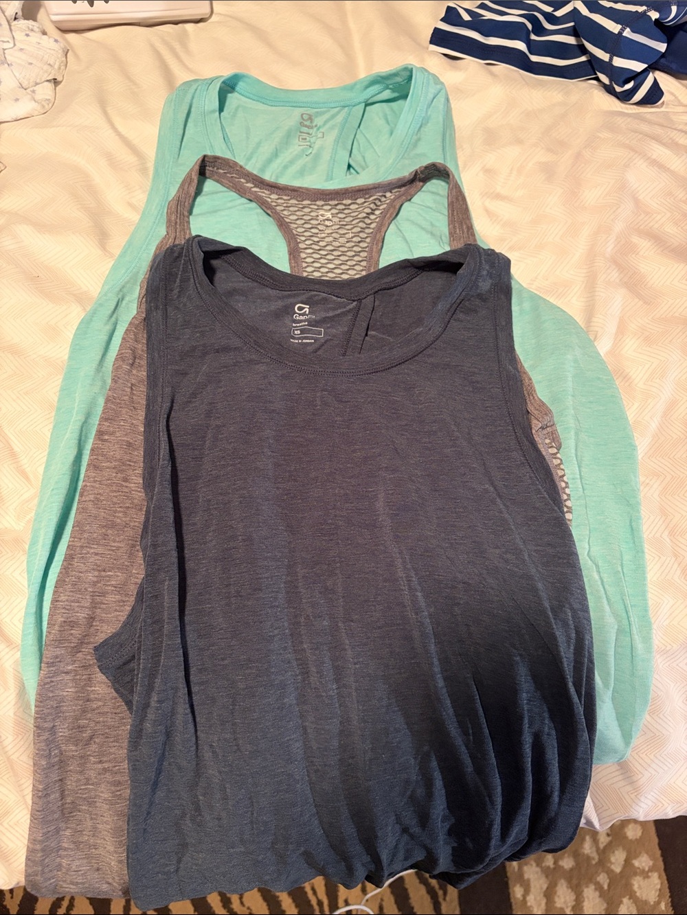 3 Gap Fit Breathe Racerback Tank Set in Mint, Gray, and Navy - XS